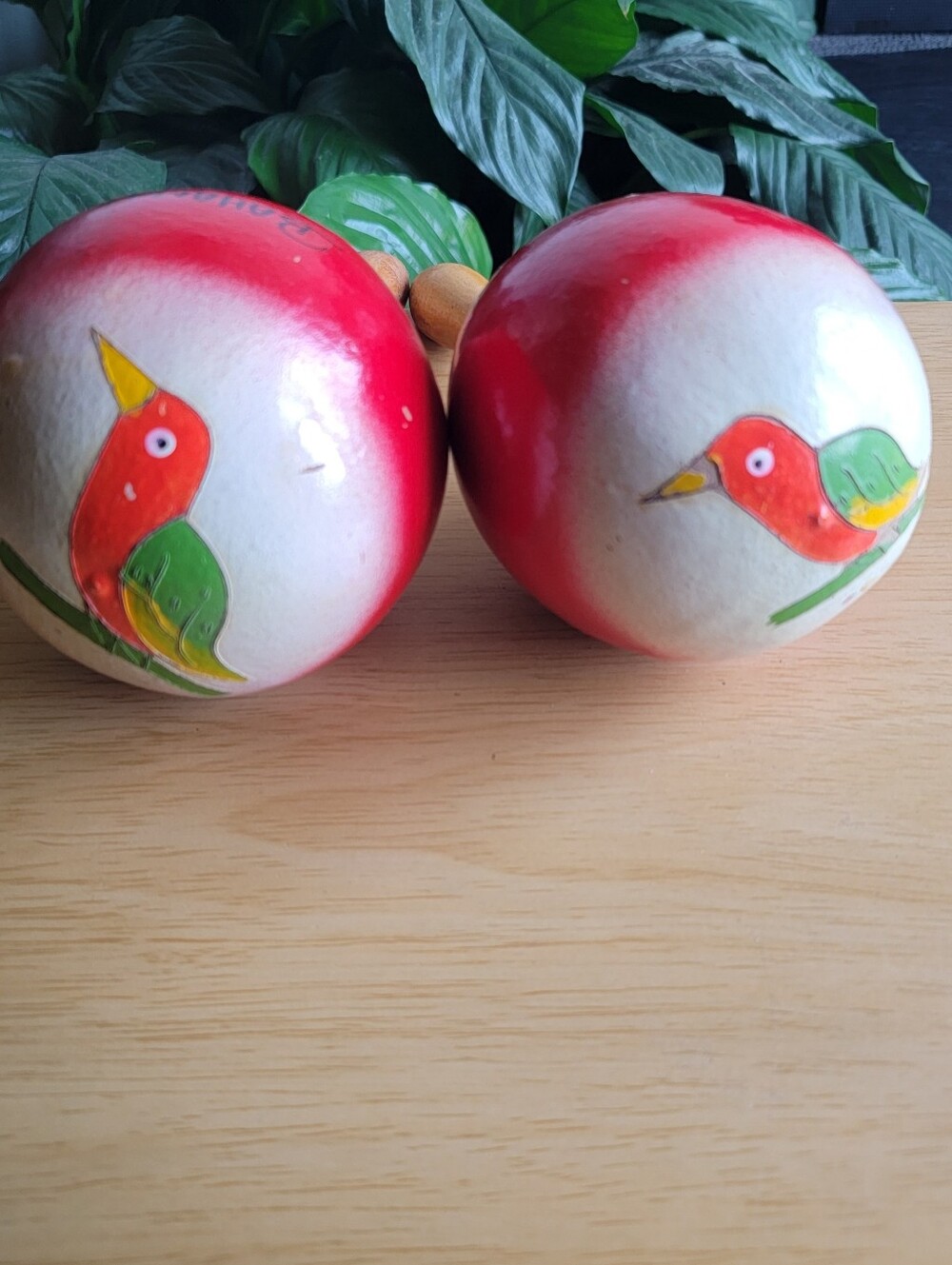 Hand-Painted Wooden Maracas with Red & Green Bird Design